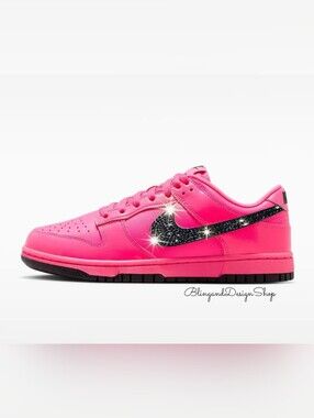 Swarovski Nike Dunk Low Women's Pink Sneakers Customized with Black Crystals